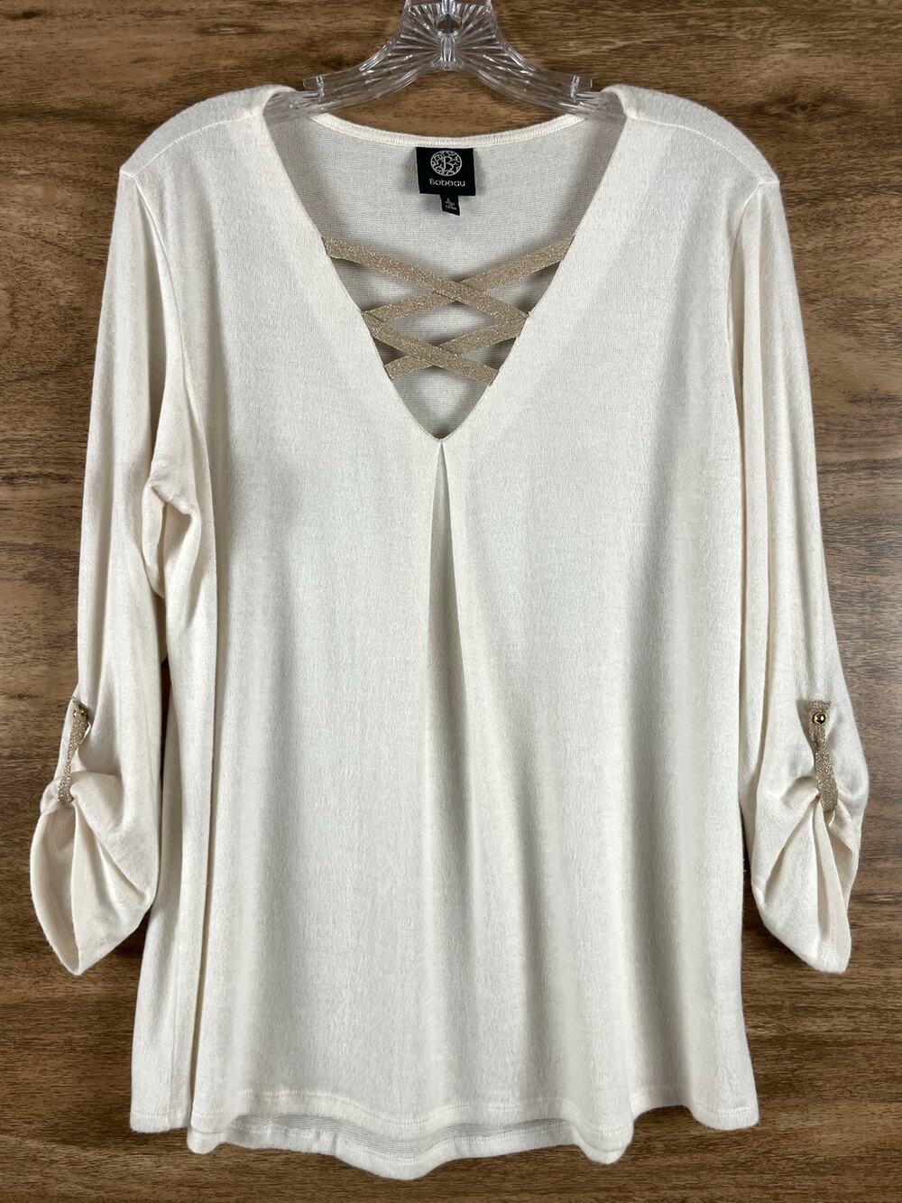 Bobeau Criss Cross V Neck Top Womens Large Cream/Gold Metallic